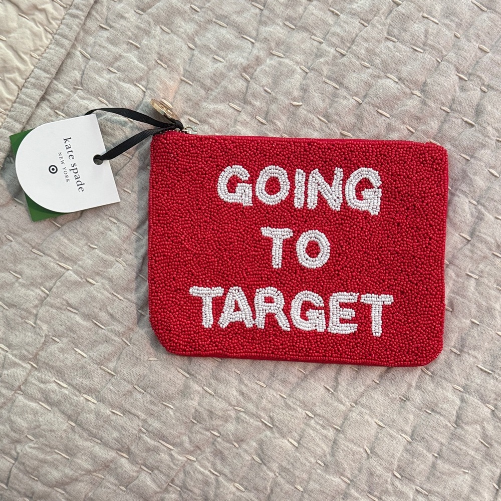 NWT: Kate Spade Red Beaded Pouch with White Text